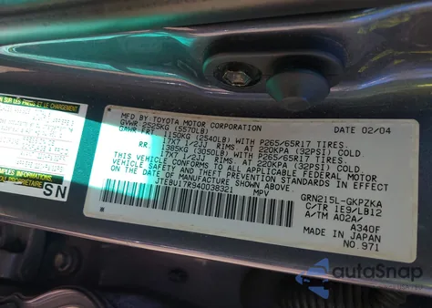 2004 Toyota 4Runner Limited V6 from USA, damaged, VIN JTEBU17R940038321